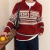 Women's Christmas Red Rat Design Jacquard Half-Zip Sweater - Autumn/Winter Lazy Soft Style
