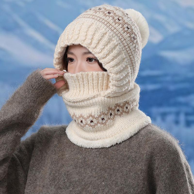 Love Jacquard Warm One-piece Hat Women's Winter Plush Pullover Ear Protection Plush Line Scarf One-piece Hat