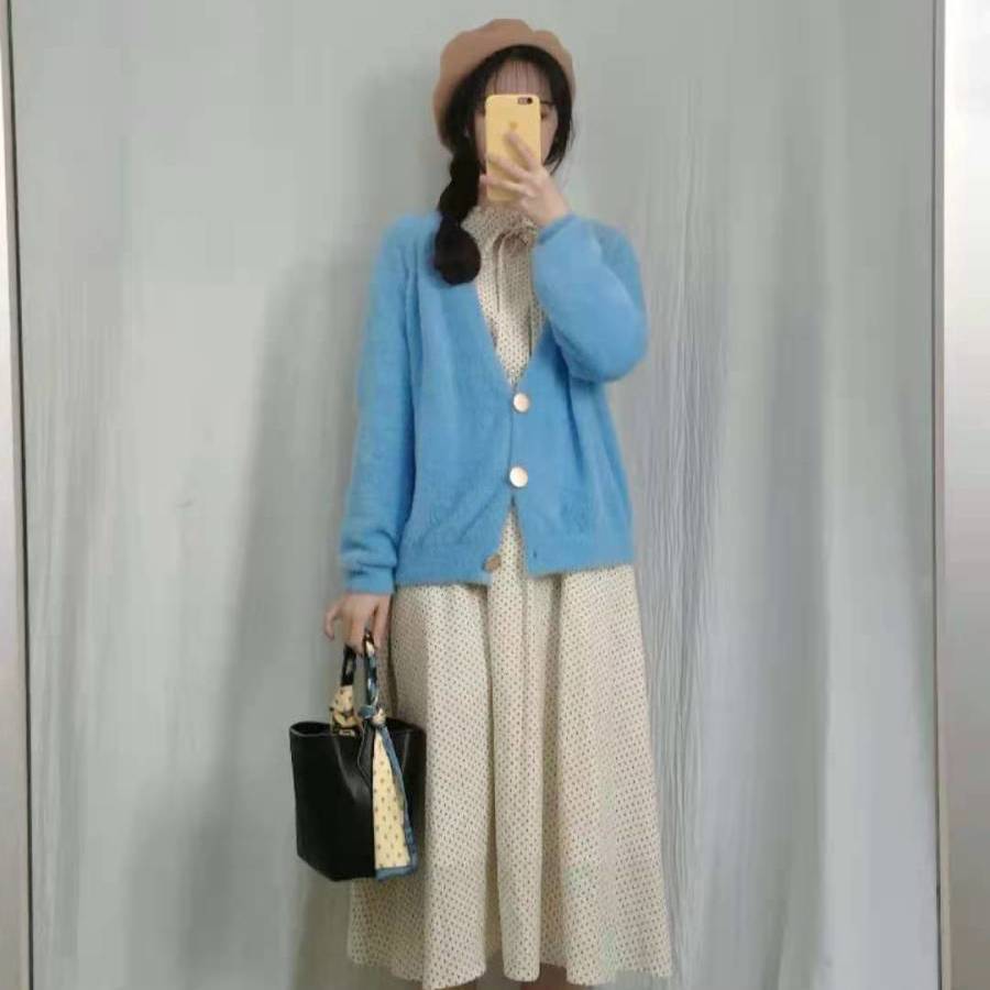 

Осень и зима новый вязаный кардиган куртка свитер из искусственного норкового бархата женский короткий свободный верхняя одежда женская One size светло-синий