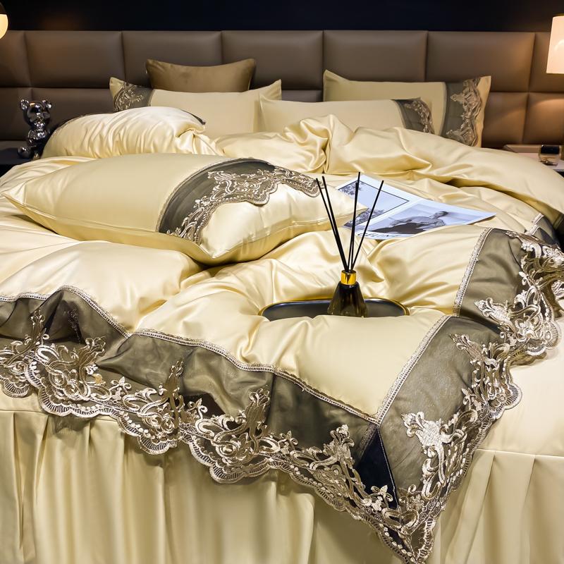 Luxury Bedding Set 3Pcs Duvet Cover Set King Size  Bed Skirt Lace Double Side Washed Silk Design Reactive Printing Sleep Coolly