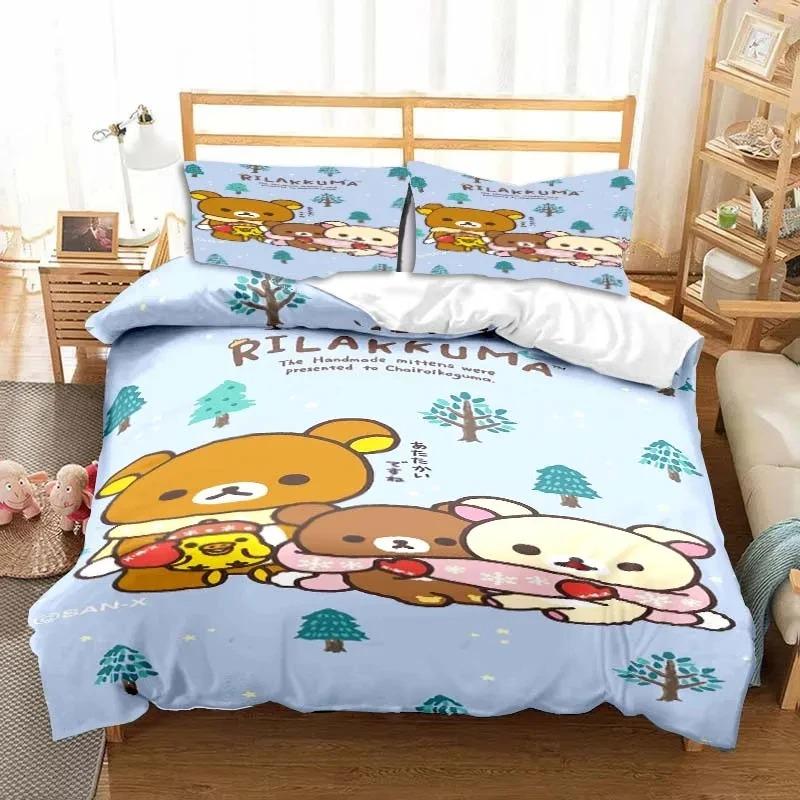 3dCartoon Rilakkuma Ayı Yatak Takımı Yorgan Kılıfı Yatak Takımı Yorgan Kılıfı Yastık Kılıfı Yorgan King Queen Boy Erkek Çocuk Yetişkin Yatak Takımı