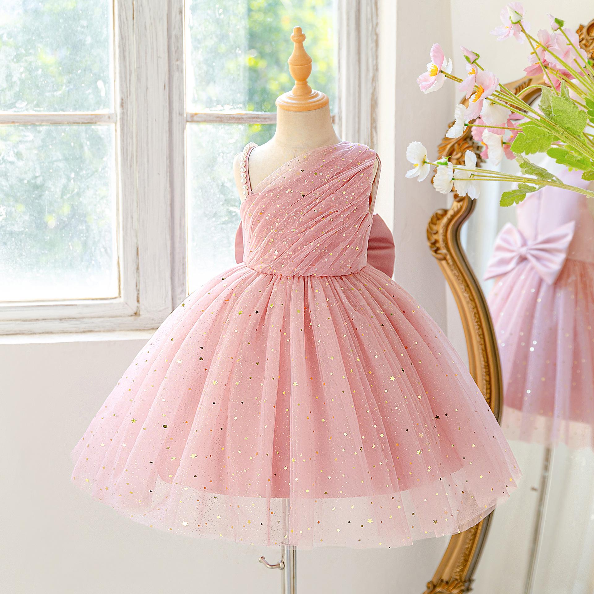 Children s Beaded One-Shoulder Princess Dress Flower Girl Puffy Formal Dress for Performances 110cm/4 Years