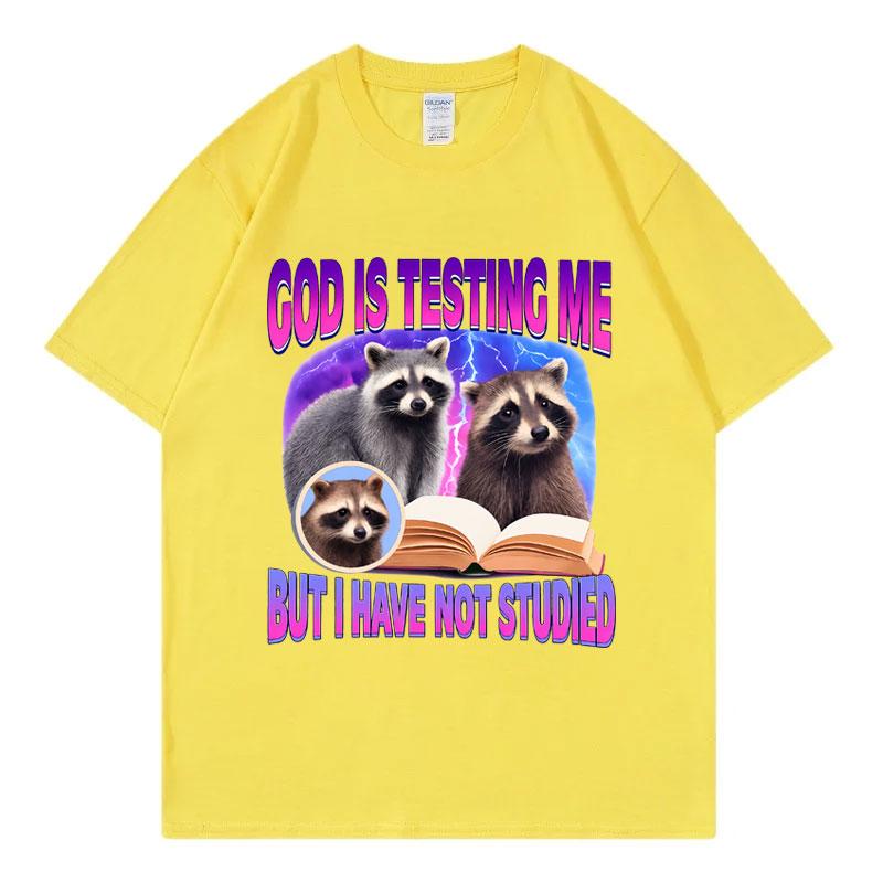 God Is Testing Me But I Have Not Studied Raccoon Funny Meme T Shirt Fashion Y2k Oversized Tshirts Unisex Casual Cotton Tshirt