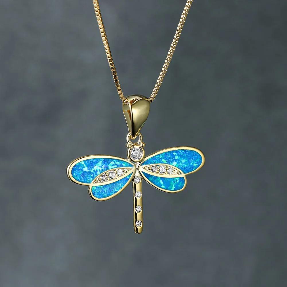 Fashion Gold Color Blue Simulated Opal Dragonfly Pendant Necklace For Women Inlay Crystal Necklace Wedding Jewelry Gift for Her