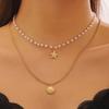Double Layer Shell Pendant Necklace Lightweight Hypoallergenic Women Faux Pearl Starfish Charm Layered Chain Necklace Ocean Beach Neck Jewelry