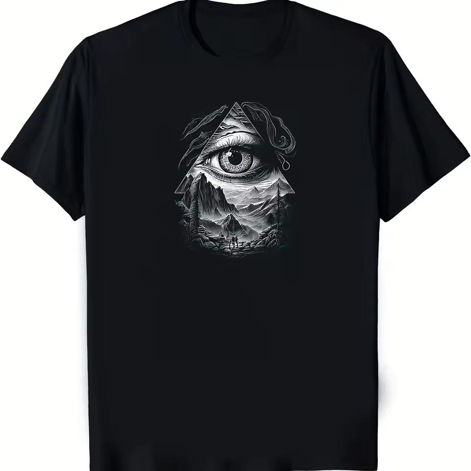 TOP All-Seeing Eye Graphic T-Shirt Monochromatic Mountain Pyramid Design Unisex Regular Fit Tee for Men Women Casual Everyday