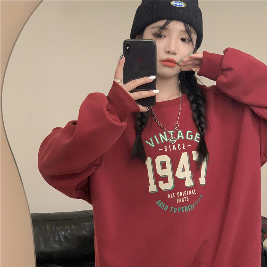 Spring/Autumn Women's Hoodie, Korean Style Loose Long Sleeve Fleece Crew Neck Sweatshirt for Women