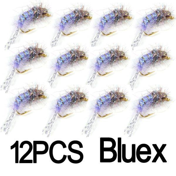 12PCS #12 Bead Head Nymphs Pink Blue Pearl Olive Purple Trout Fishing Nymph Flies