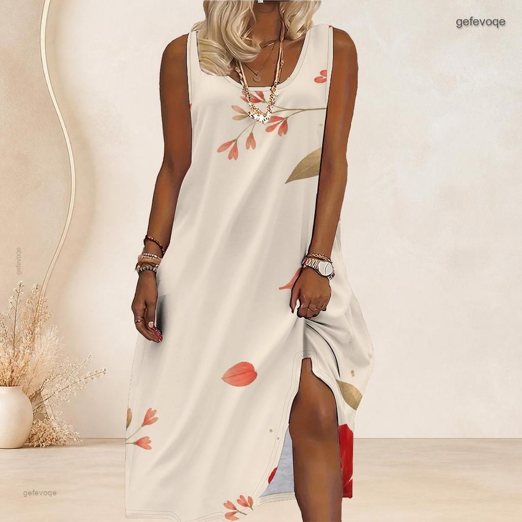 Women Plus Size Scoop Neck Sleeveless Floral Butterfly Printed White A Line Long Dress