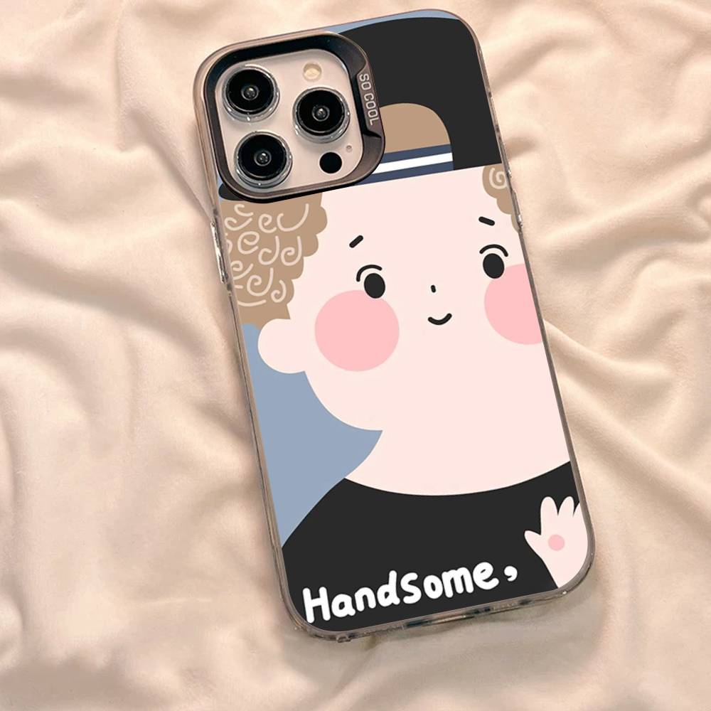 Cartoon Funny Boy Girl Couple Phone Case For iPhone 17 16 15 14 13 12 11 XS XR X Pro Max Plus Colored Silver Plated Cover