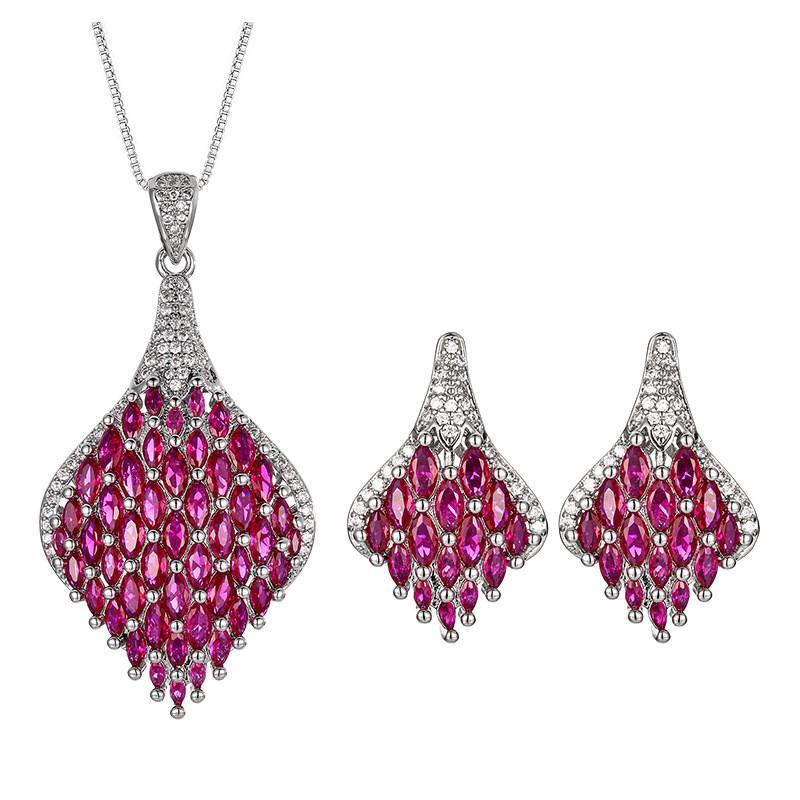 Red Spinel Jewelry Set Women Floral Design Copper Chain Necklace Stud Earrings Fashion OL Style 2025