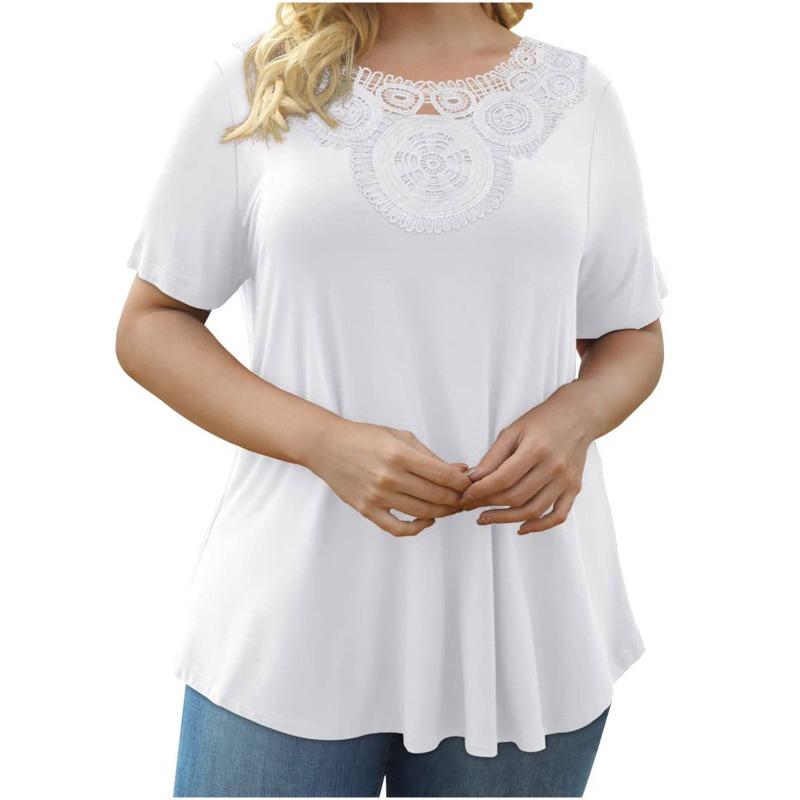 

teal plus size round neck lace trim short sleeve flowy tunic top for women L белый