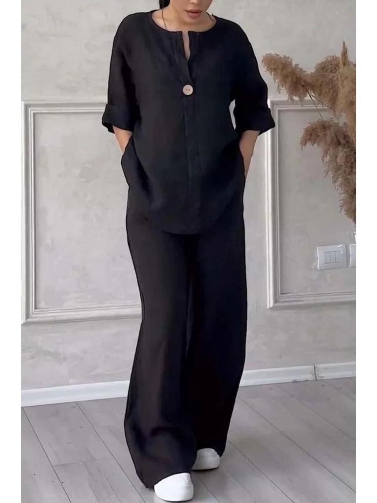 Europäische & Amerikanische 2025 Sommer Mode V-Ausschnitt Langarm Baumwolle Leinen Damen Set