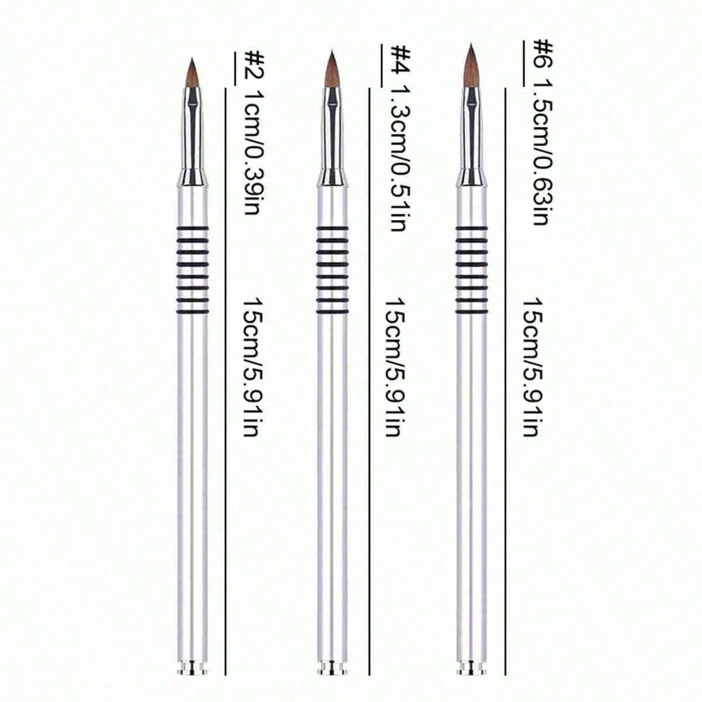 Metal Nail Art Brushes Silver 2, 4, 6 for 3D Carving Crystal Nail Design, Gel Nail Painting Tool