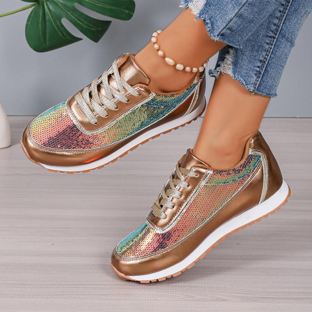Fashion Women Casual Shoes Fashion Paillette Walking Flat Shoes Sneakers Women Thick-sole Vulcanized Shoes White Female Footwear