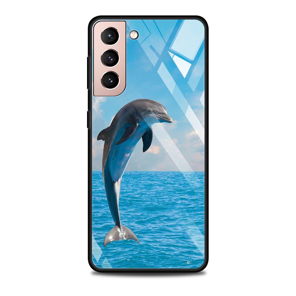 Blue Sea Animal Cute Dolphin Glass Case For Samsung Galaxy S21 S20 Ultra S10 Plus Lite S20fe 5g S10e S9 S8 Bumper Cover Funda