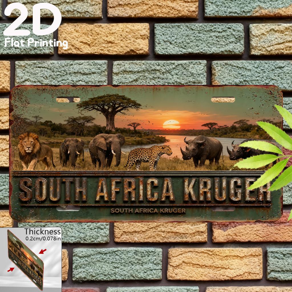 Targa Licenza Vintage Safari SUDAFRICA KRUGER Fauna Selvatica Leone Elefante Leopardo Paesaggio D Lamiera di Alluminio Piatta Segno da Parete Decorazione