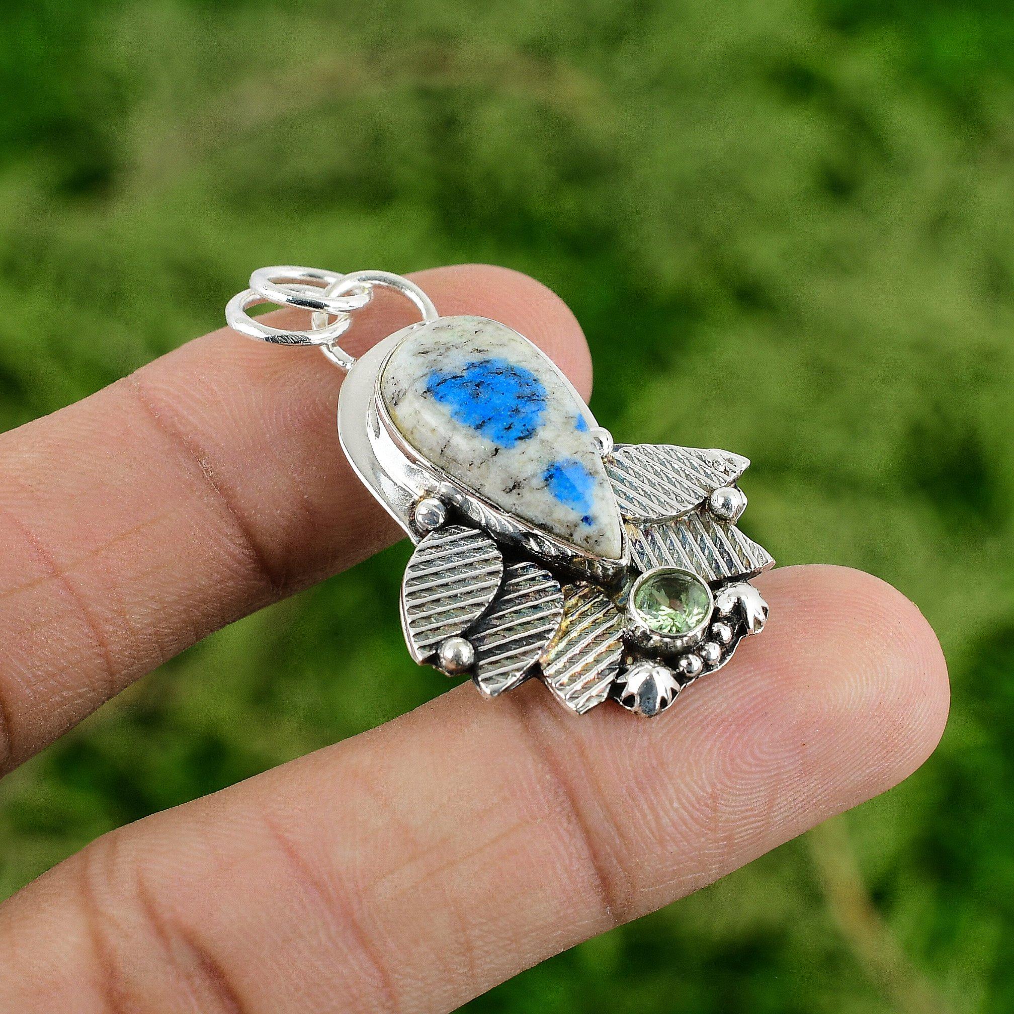 

925 Silver Pear Natural K2 Jasper Green Amethyst Bezel Wedding Art Deco Pendant