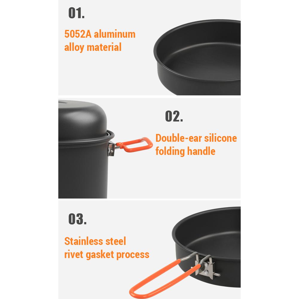 Camping Cookware Mess Kit Aluminum Alloy Pot Pan Steaming Tray Bowl Cup and Water Kettle with Pot Cover