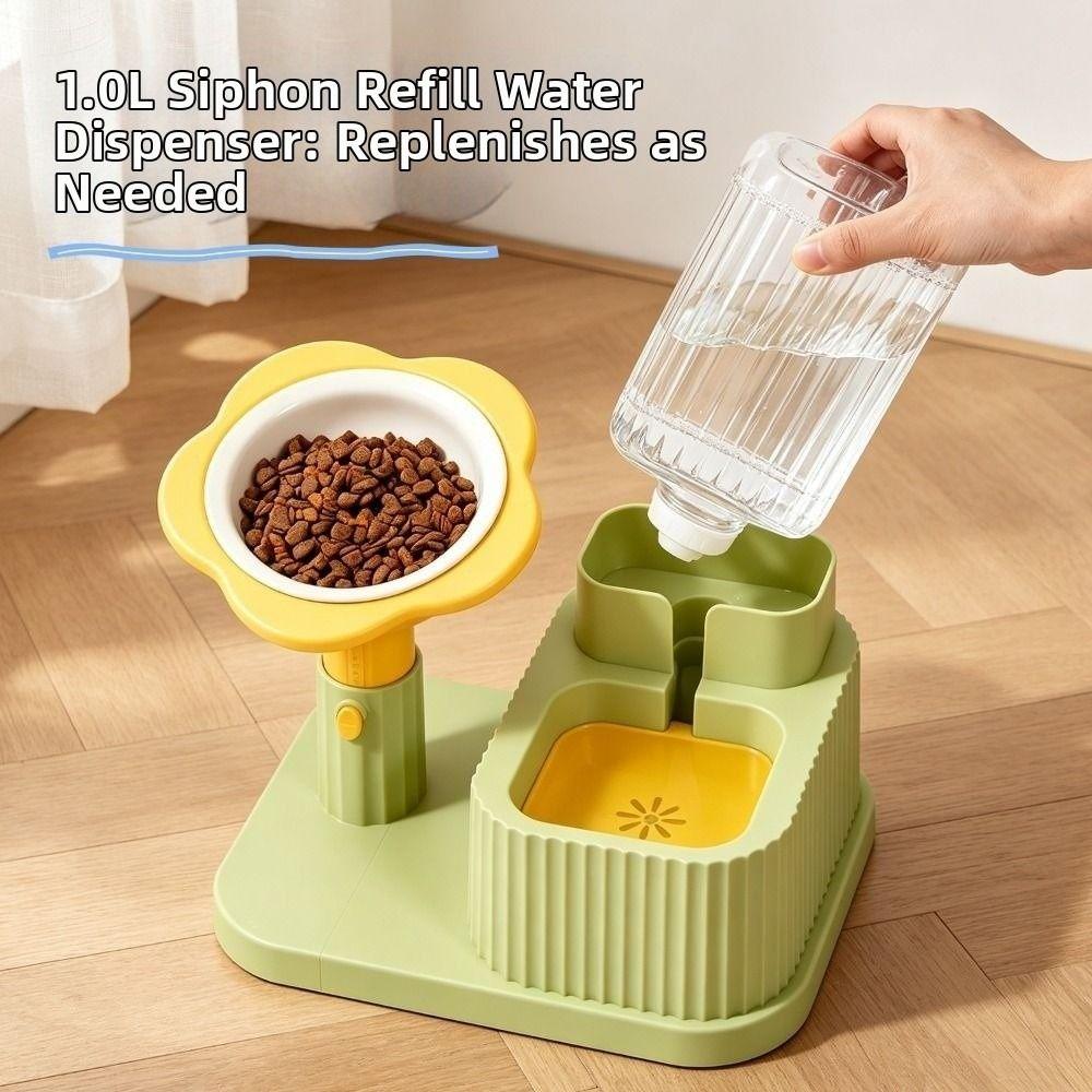 2-in-1 Pet Bowl Adjustable Height Automatic Water Dispenser Cat Water Food Bowl Cat Feeding