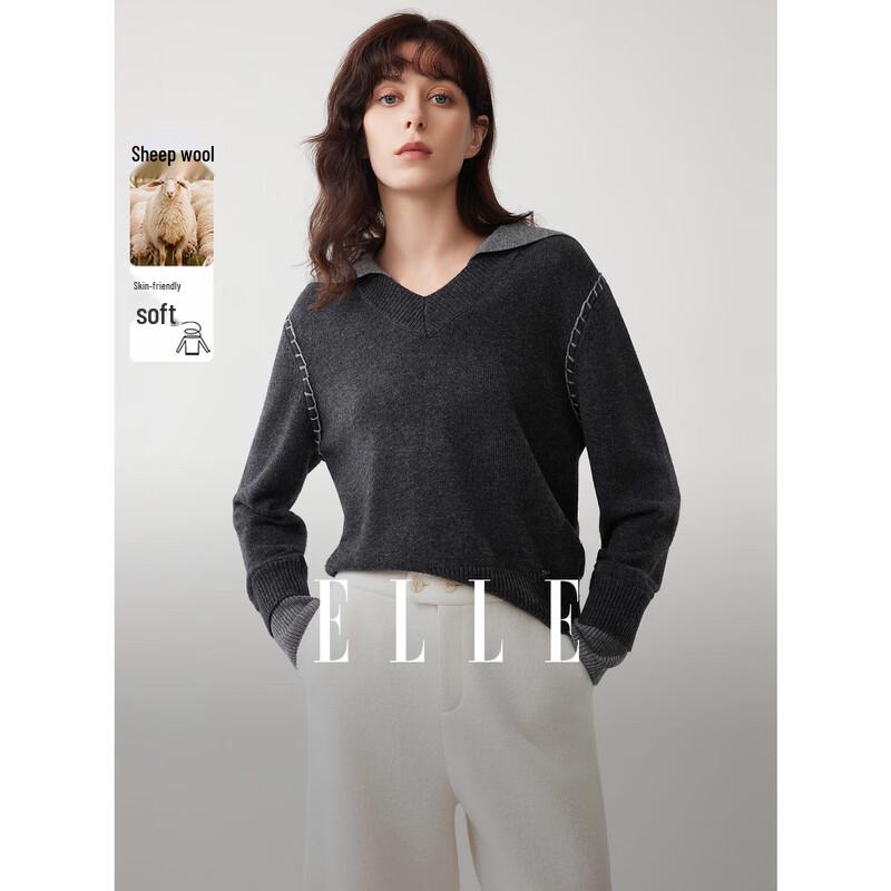 ELLE Women s Relaxed Fit Color-Block Wool Blend Lapel Sweater S