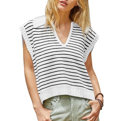 Frauen Tops Revers V-ausschnitt Ärmellose Pullover Tops Gestreiften Gedruckt Lose Fit Stricken Bluse