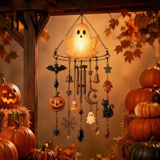 Outdoor Garden Decoration Halloween Luminous Ghost Wind Chime, Glow-in-The-Dark Hanging Ornament with Pumpkin Bat Weatherproof Metal Pendant