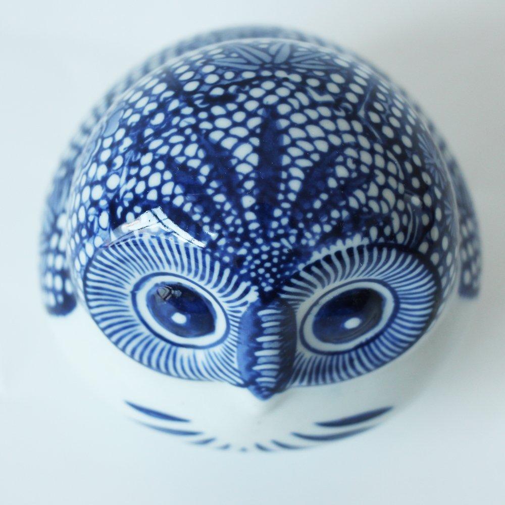 Sonoyama Craftsmanship Lucky Charm, Good Fortune Item, Ceramic, Blue and White Dyed, Mini Size, Sacred Bird, Owl, Fukurō (Owl that Brings Good Fortune
