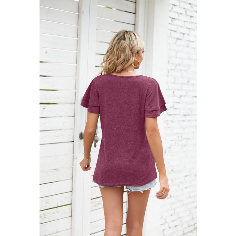 YYFS Damenmode, lässig, Sommer, Frühling, einfarbig, bedruckt, kurzärmelig, V-Ausschnitt, Blusen und Hemden