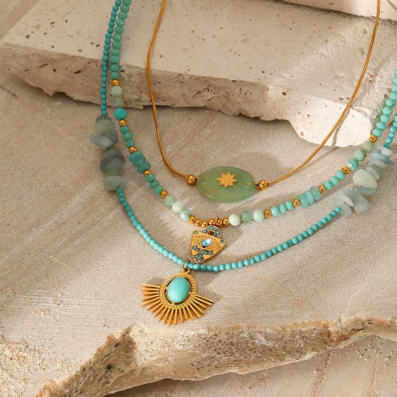 European and American embellished eyes natural stone titanium steel pendant necklace fashionable stacked collarbone chain gold-plated stainless steel