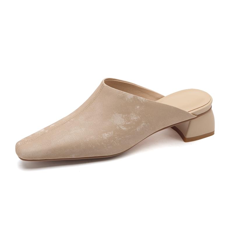 Fashion Women's New Spring and Summer Square Head Leather Retro Cow Leather Large Size Simple and Comfortable Baotou Muller Slippers
