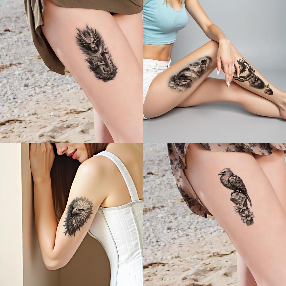 12pcs Temporary Tattoo Eagle Tattoo Realistic Temporary Tattoos Rose Tattoo Tower Tattoo Black And Grey Realism For Arm Male