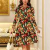 Women Long Sleeve Round Neck Midi Dress Abstract Ink Wash Floral Vine Print Flared Casual Dress