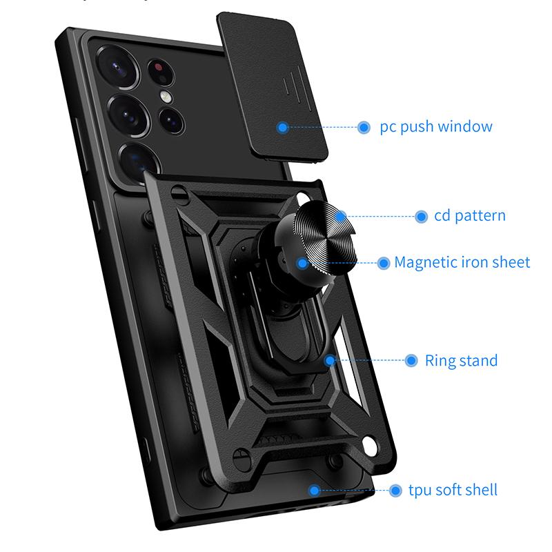 Sergeant Level Camera Sliding Window Phone Case For Samsung S25 S24 S23 S22 Ultra Plus Ring Bracket Shockproof Protective Cover