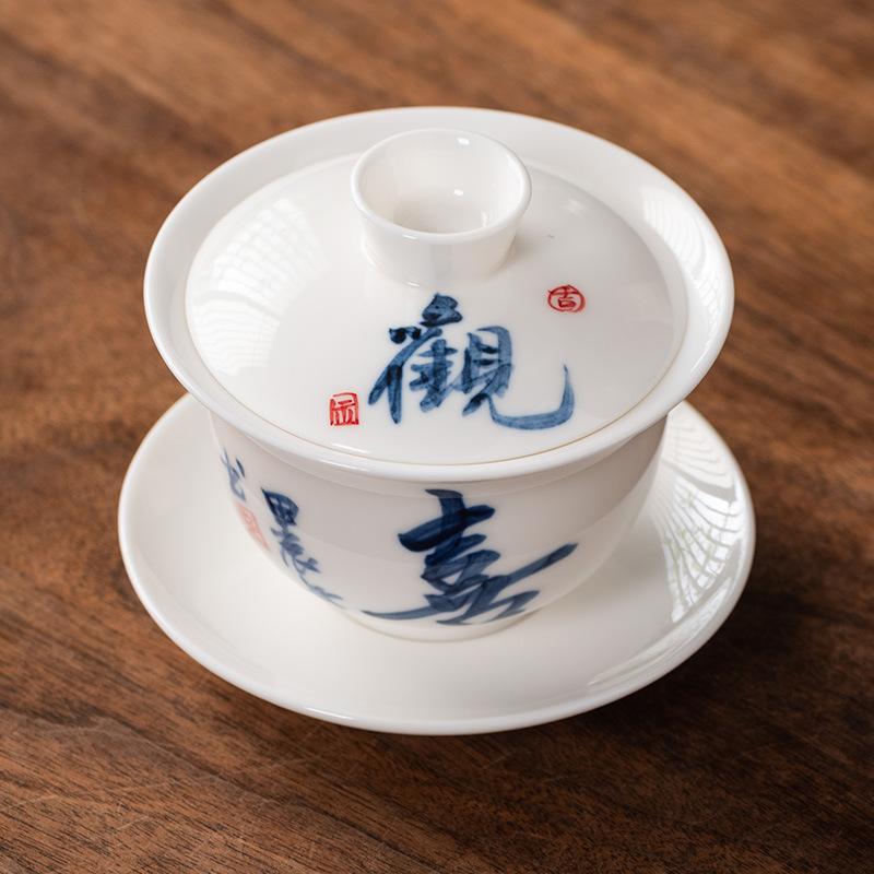 Hand-painted Suet Jade Porcelain Three Talents Cover Bowl Teacup Kung Fu Tea Set Tea Bowl Modern Creative Large-capacity Gifts