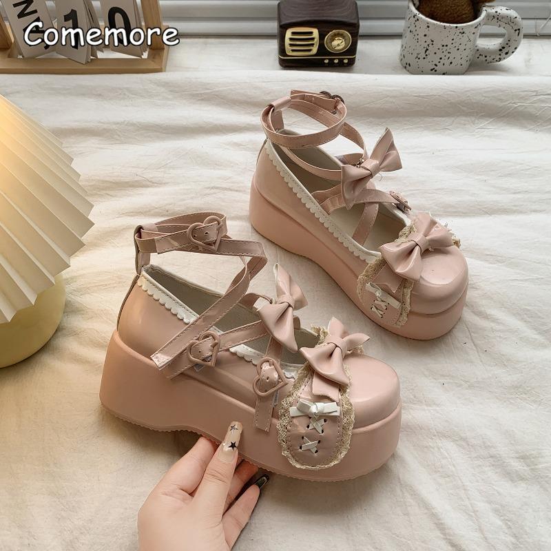 Fashion Heart Buckle Ankle Straps Women's Mary Jane Shoes Japanese Style Cute Lolita Dress Shoes Wedge Platform Bowknot Pumps Sweet Girl