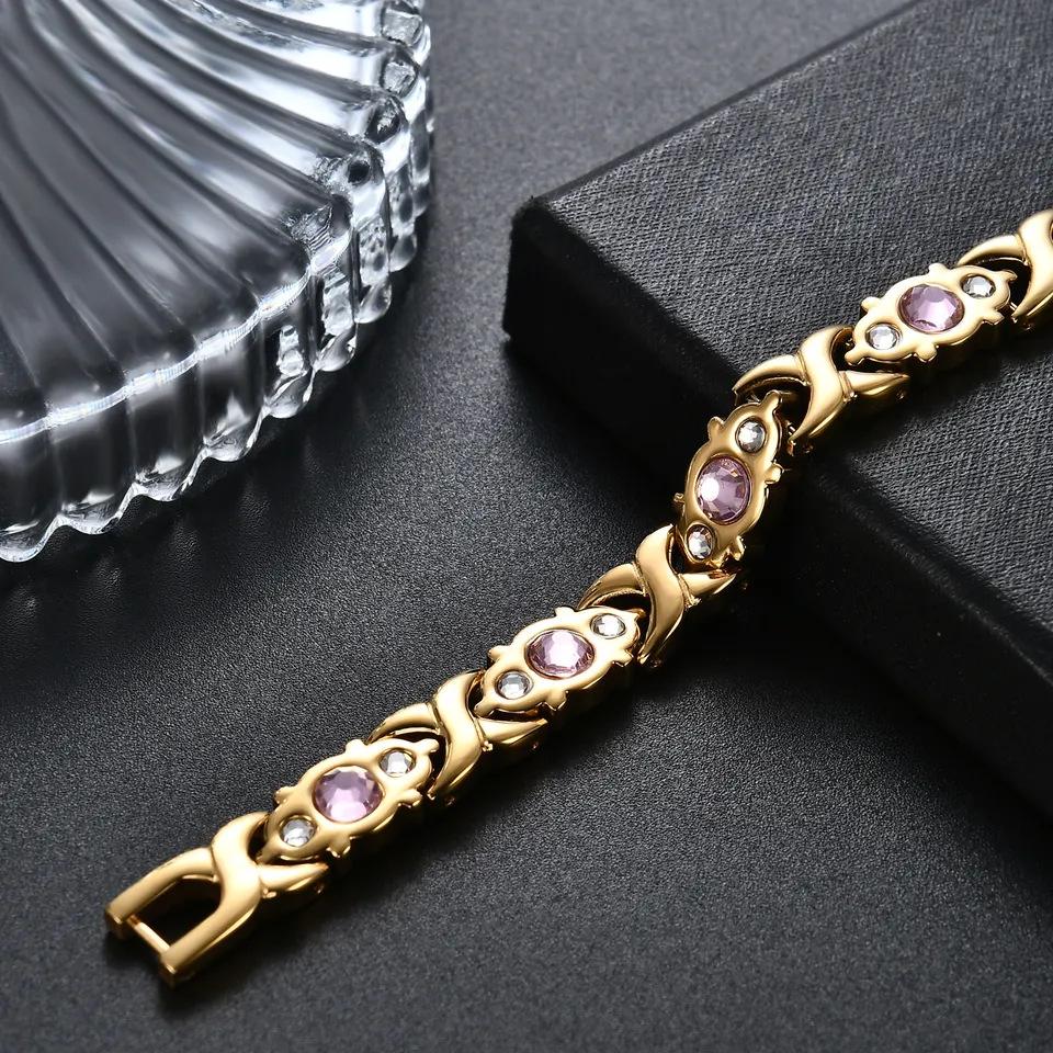 Hot Selling 4-in-1 Diamond Studded Stainless Steel Magnetic Therapy Bracelet, Detachable Anti Fatigue Biological Health Magnetic Bracelet
