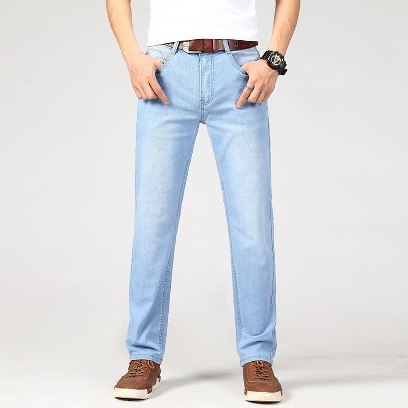Summer denim trousers for men - relaxed straight-leg fit in light blue, trendy casual long trousers in a lightweight style