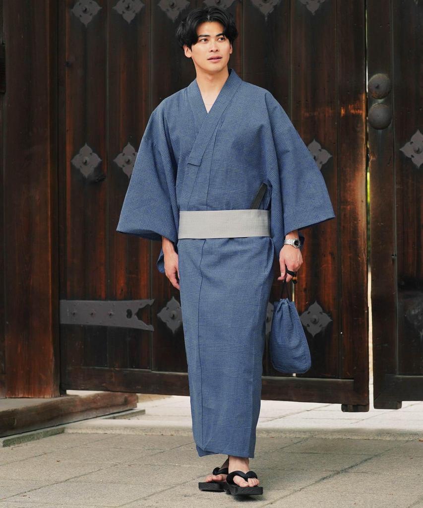 Rochelle Yukata Set Shingen Folding and Waist In Indigo Includes a Easy To Perfect for Summer and and Solid Men's 6-Piece (Yukata, Obi, Geta, Bag,