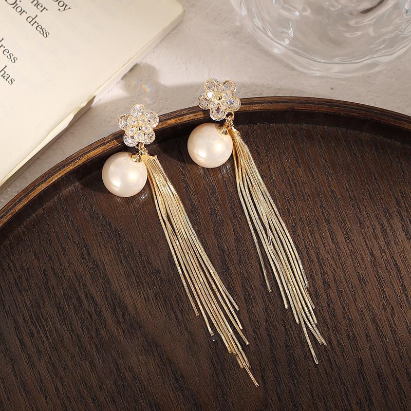Micro-inlaid zircon flower fringed earrings, temperament high-end earrings, atmosphere pearl earrings.