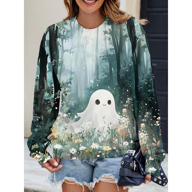 Womens Casual Hoodie With 3D Halloween Print Round Neck Lightweight Breathable Fabric