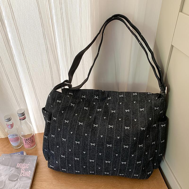 Denim Bag Women's Shoulder Bag Large Capacity Tote Bag Bow Print Commuter Crossbody Bag