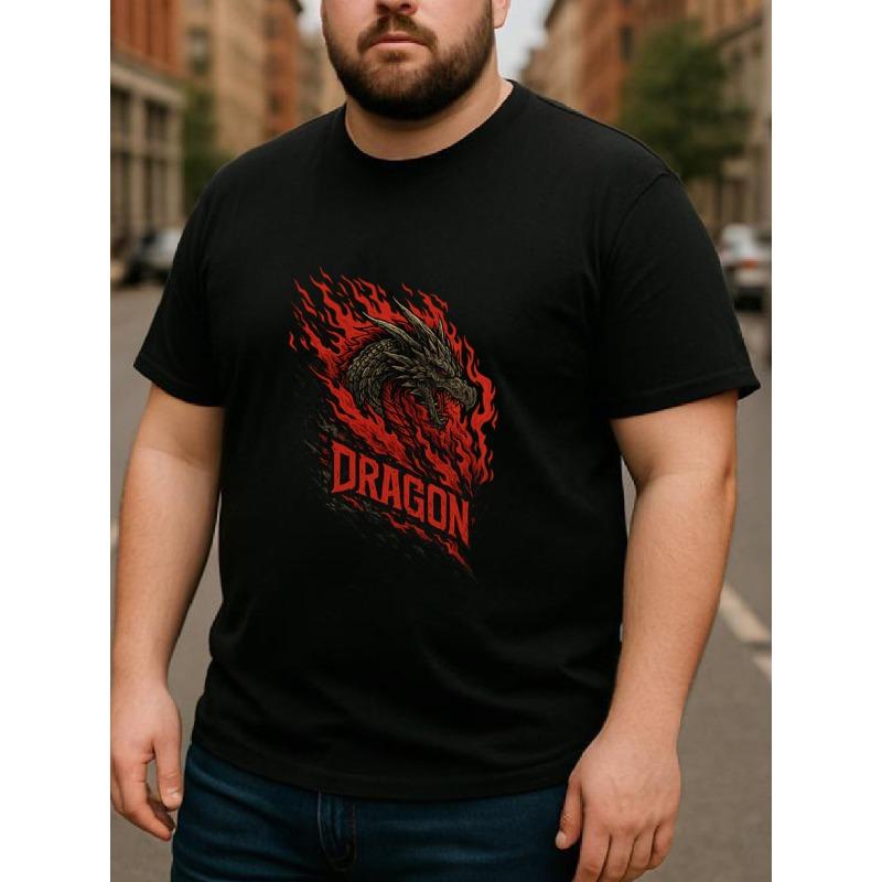 

European sizes Men S Print Short-Sleeved T-Shirt Regular Fit, Sweat-Absorbing and Quick-Drying, Flame-Surrounded Majestic Dragon Design 4XL чорний