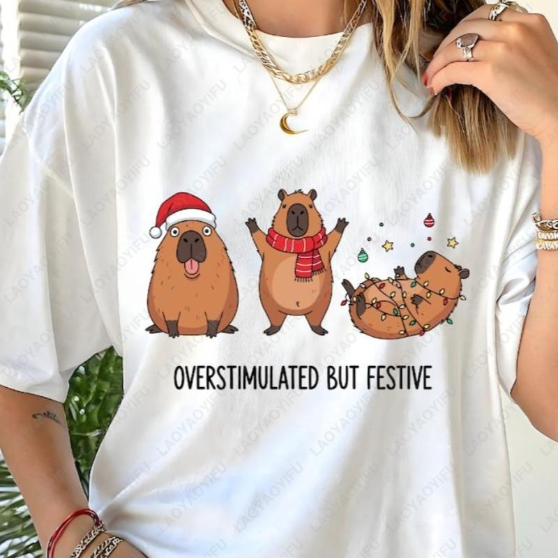 Overstimulated But Festive Capybara Christmas Tshirt Funny Holiday Animal Cotton Tees Cute Xmas Clipart for Tops Y2k Streetwear