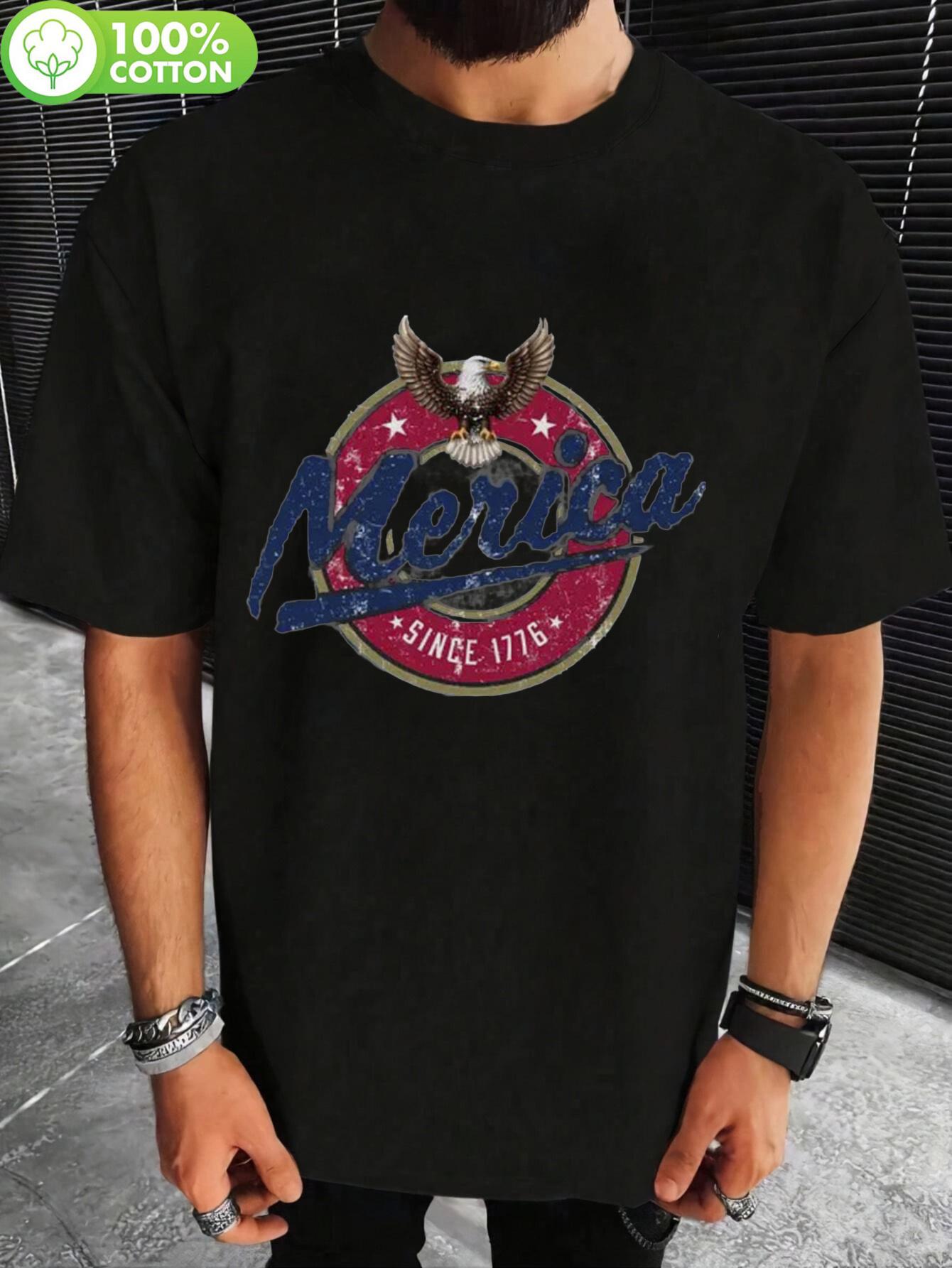 Patriotic Eagle & Stars Graphic T-shirt - 100% Cotton Relaxed Fit Casual Tee with America Since 1776 Design S