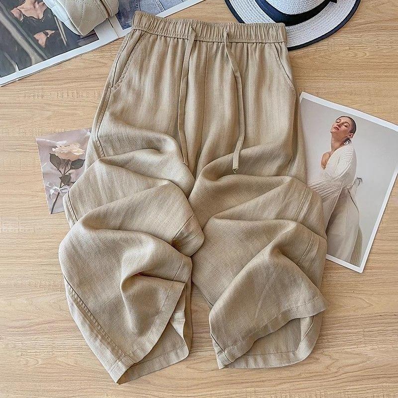 Women Linen Wide Leg Pants Summer High Waist Relaxed Fit Casual Trousers Loose Floor Length
