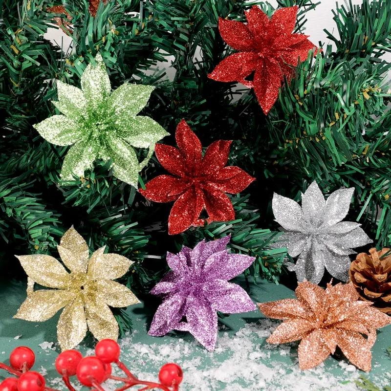 50/5PCS Christmas Artificial Flowers Xmas Tree Wreath Ornaments Glitter Fake Flower Wedding New Year Party Decoration Gifts