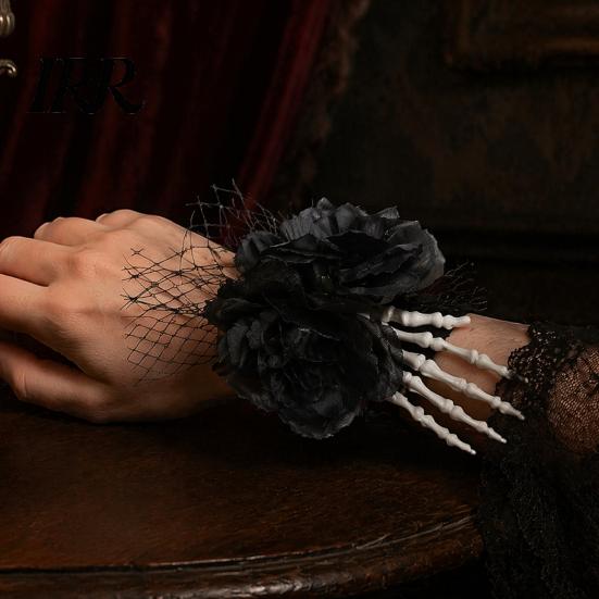 Realistic Floral Wrist Corsage Gothic Flower for Halloween Party, Black Wedding Corsage, Romantic Party Accessory Day of The Dead Prom, Bride, Groom,