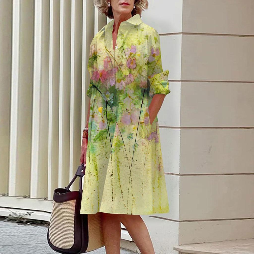 2023 Retro Kwiecista Jednorzędowa Sukienka Koszulowa dla Miejskich Kobiet