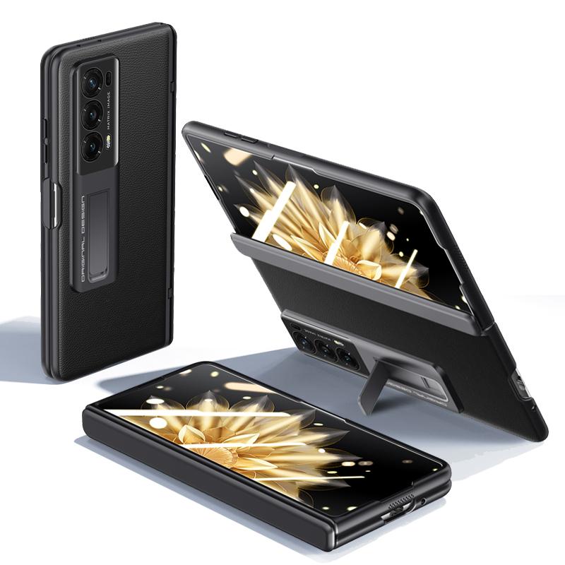 

Для Honor Magic V2 5G Чехол из ПУ кожи+ПК с подставкой, защита шарнира, покрытие с эффектом кожи, с прозрачной пленкой из закаленного стекла Black